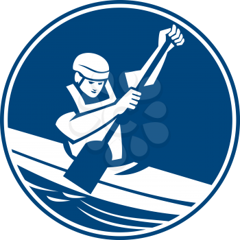 Icon illustration of a man in a canoe kayak with paddle canoeing slaloming viewed from front set inside circle on isolated background done in retro style.