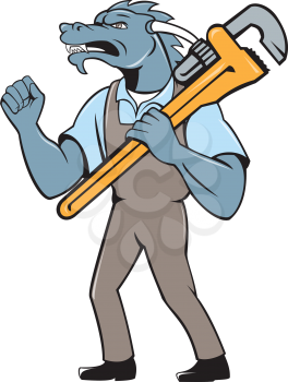 Illustration of a green dragon plumber standing facing side holding monkey wrench on shoulder making fist pump set on isolated white background done in cartoon style. 