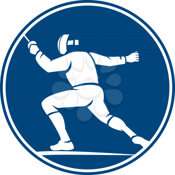Icon illustration of a man holding sword in fencing stance viewed from side set inside circle on isolated background done in retro style.