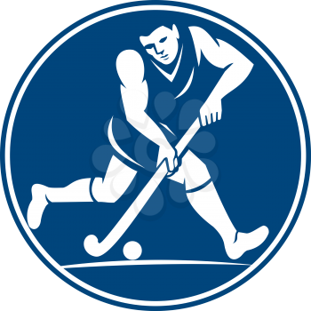 Icon illustration of a field hockey player running with stick striking ball viewed from side set inside circle done in retro style on isolated background. 