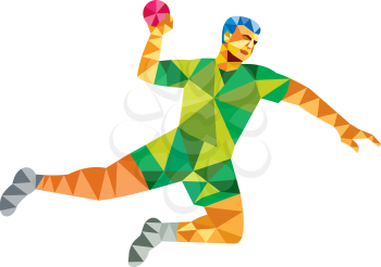 Low polygon style illustration of a handball player jumping throwing ball scoring set  on isolated white background done in retro style.