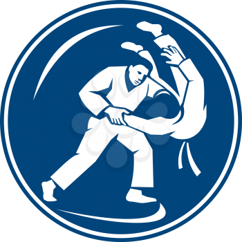 Icon illustration of judo combatants throw takedown set inside circle on isolated background done in retro style. 