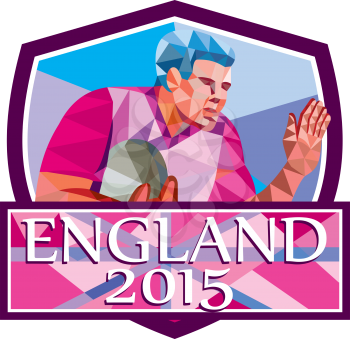 Low polygon style illustration of rugby union player with ball fending off set inside shield crest with words England 2015. 