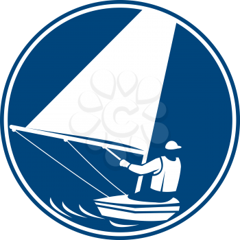 Icon illustration of a man in a sail boat sailing yachting viewed from rear set inside circle on isolated background done in retro style.