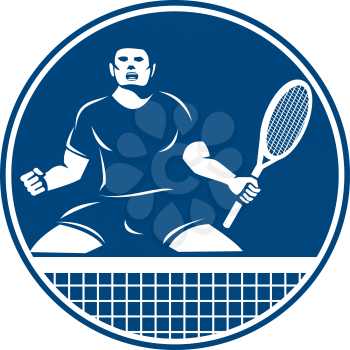 Icon illustration of a tennis player with racquet fist pumping set inside circle flames on isolated background done in retro style.