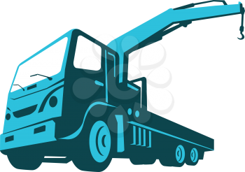 vector illustration of a truck mounted hydraulic crane cartage hoist done in retro style viewed from a low angle.