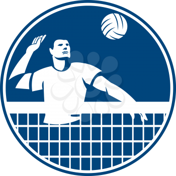 Icon illustration of a volleyball player spiker spiking hitting ball set inside circle on isolated background done in retro style.