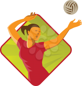 vector illustration of a volleyball player spiker spiking ball set inside diamond shape done in retro art deco style.