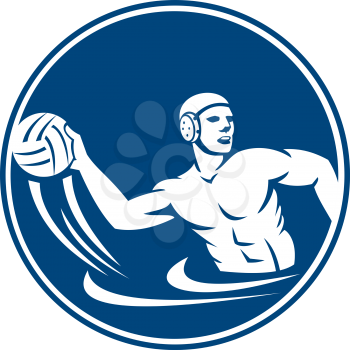 Icon illustration of a water polo player throwing ball set inside circle on isolated background done in retro style.