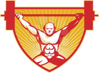 Illustration of a weightlifter lifting barbell weights viewed from front set inside shield done in retro style.