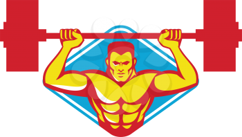 vector illustration of a weightlifter body builder lifting weights  facing front set inside diamond shape done retro style.