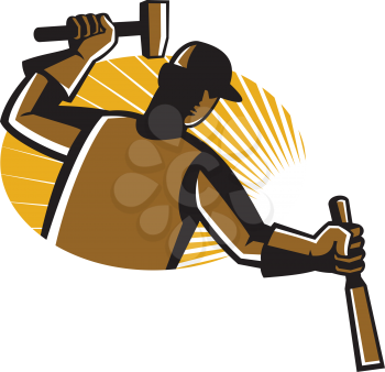 vector illustration of carpenter worker with hammer striking chisel set inside oval with sunburst.
