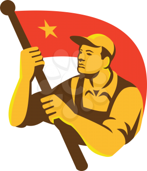 Illustration of a Chinese Communist worker holding waving red flag with star done in retro style.