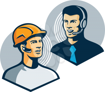 Illustration of a construction worker with bluetooth earpiece talking to telemarketer with headphones done in retro style.