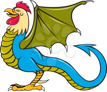 Illustration of a basilisk standing, an animal with the head, torso and legs of a rooster, the tongue of a snake, the wings of a bat and with a snake-like rump that ends in an arrowpoint done in carto
