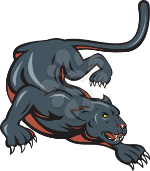 Cartoon style illustration of black panther big cat crouching set on isolated white background. 