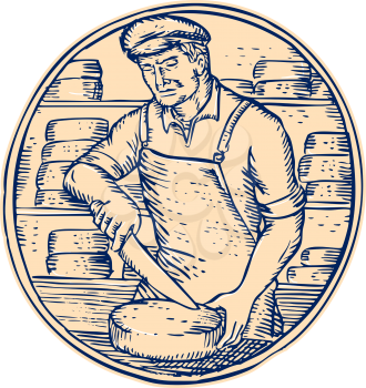 Etching engraving handmade style illustration of a cheesemaker standing holding knife cutting cheddar cheese block set inside circle with cheese blocks in the background. 
