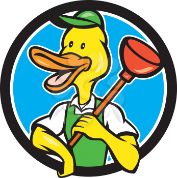 Cartoon style illustration of a duck plumber holding plunger on shoulder looking to the side set inside circle on isolated background. 