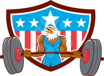 Illustration of a bald eagle weightlifter lifting barbell looking to the side set inside shield with american stars and stripes in the background done in cartoon style. 