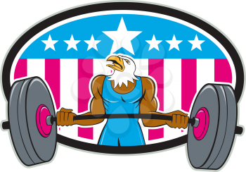 Illustration of a bald eagle weightlifter lifting barbell looking to the side set inside oval with american stars and stripes in the background done in cartoon style. 