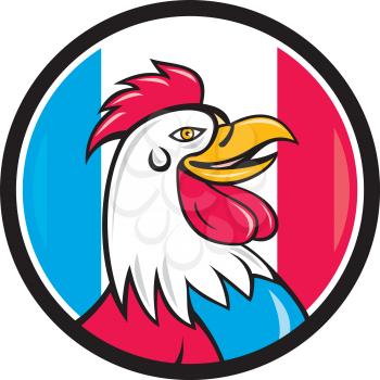 Cartoon style illustration of a french rooster chicken head smiling viewed from the side set inside circle with france flag stripes in the background. 