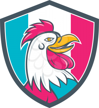 Illustration of a french rooster chicken head smiling viewed from the side set inside shield crest with france flag stripes in the background done in cartoon style. 