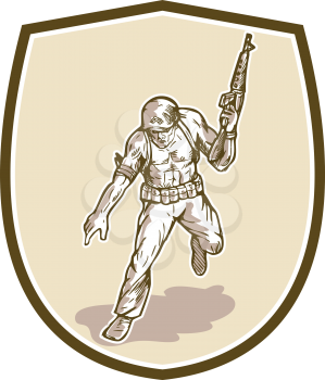 Illustration of an American soldier serviceman military with armalite rifle pointing set inside shield crest done in cartoon style. 