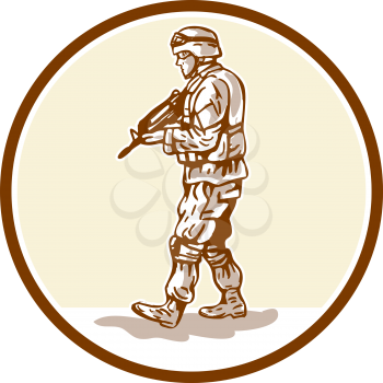 Illustration of an American soldier serviceman military with armalite rifle walking viewed from the side set inside circle done in cartoon style. 