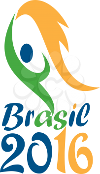 Illustration of an abstract athlete on flames holding a flaming torch with words Brasil 2016 depicting the summer games on isolated white background.