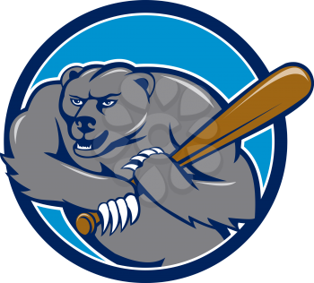 Illustration of a grizzly bear baseball player holding bat batting viewed from front set inside circle on isolated background done in cartoon style. 