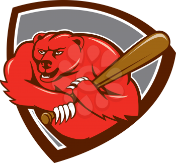 Illustration of a grizzly bear baseball player holding bat batting viewed from front set inside shield crest on isolated background done in cartoon style. 