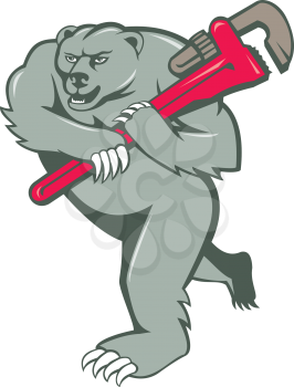 Illustration of a grizzly bear plumber running holding monkey wrench on shoulder  set on isolated white background done in cartoon style. 