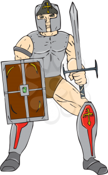 Cartoon style illustration of a knight with shield wielding a sword viewed from front on isolated background.