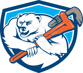 Cartoon style illustration of a polar bear plumber holding monkey wrench on shoulder set inside shield crest  on isolated background.