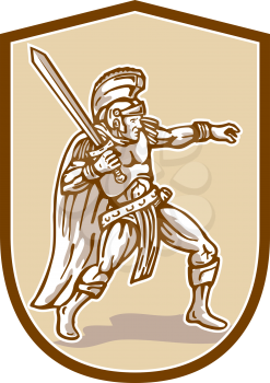 Illustration of centurion roman soldier gladiator holding sword wielding viewed from the side set inside shield crest done in cartoon style on isolated background.