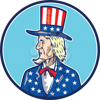 Illustration of Uncle Sam wearing top hat with stars and stripes American flag viewed from side set inside circle on isolated background done in cartoon style. 