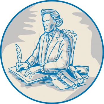 Illustration of a victorian man gentleman sitting signing documents with quill pen viewed from side set inside circle done in cartoon style. 