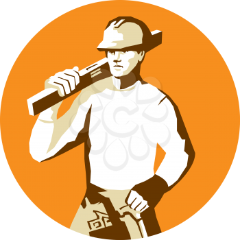Stencil style illustration of a builder construction worker with toolbelt carrying spirit level on shoulder set inside circle on isolated background. 