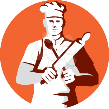 Stencil style illustration of a chef cook baker holding rolling pin and spatula viewed from front set inside circle on isolated background. 