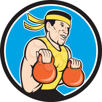 Illustration of a crossfit athlete muscle-up lifting kettlebell workout exercise facing side set inside circle shape done in cartoon style on isolated background