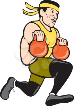 Illustration of a crossfit marathon runner running with kettlebell facing side set inside on isolated white background done in cartoon style. 