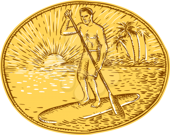 Etching engraving handmade style illustration of a man with paddle stand up paddling boarding surfing set on inside oval with sun tropical beach palm coconut trees sunburst in the background