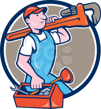 Illustration of a plumber in overalls and hat holding monkey wrench on shoulder and carrying toolbox viewed from the side set inside circle on isolated background done in cartoon style. 