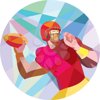 Low polygon style illustration of an american football gridiron quarterback player holding ball throwing facing side set inside circle.