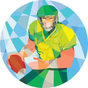 Low polygon style illustration of an american football gridiron quarterback player holding passing ball facing front set inside circle.