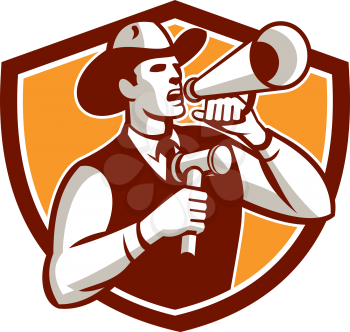 Illustration of a cowboy auctioneer holding bullhorn and gavel shouting announcing viewed from the side on isolated background set inside shield crest done in retro style. 
