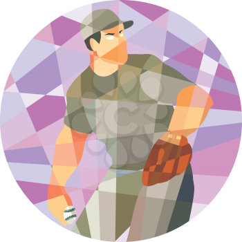 Low polygon style illustration of an american baseball player pitcher outfielder throwing ball set inside circle.