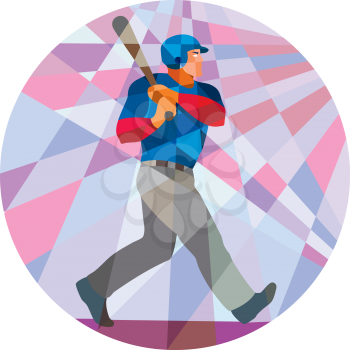 Low polygon style illustration of an american baseball player batter hitter holding bat batting viewed from the side set inside circle.