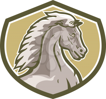 Illustration of a colt horse head viewed from the side set inside shield crest on isolated background done in retro style.