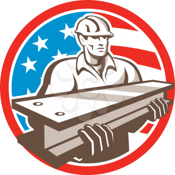 Illustration of construction steel worker carrying i-beam girder viewed from front with usa american stars and stripes flag in the background set inside circle done in retro style. 